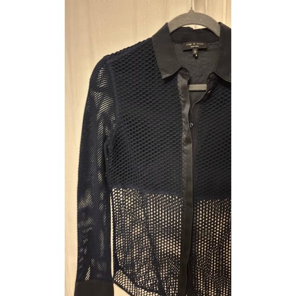 $350 Rag Bone New York Luna Women Sheer Mesh Button Down Shirt Navy Size Small - Picture 3 of 7